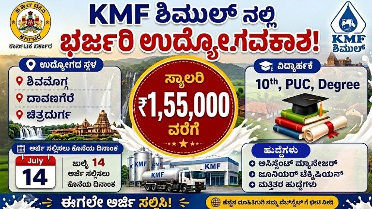 KMF SHIMUL Recruitment 2026 notification for 194 vacancies in Shivamogga Davanagere and Chitradurga districts Karnataka.